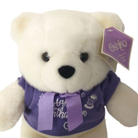 Happy Birthday Teddy Bear Plush Oshko Purple White Polar Stuffed Animal Soft Tag - Picture 6 of 16